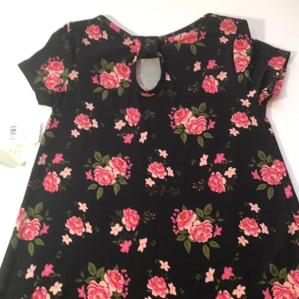 BTWEEN Girls Stretchy Dress Black Pink Rose Floral Keyhole Back Size L 10/12 NWT